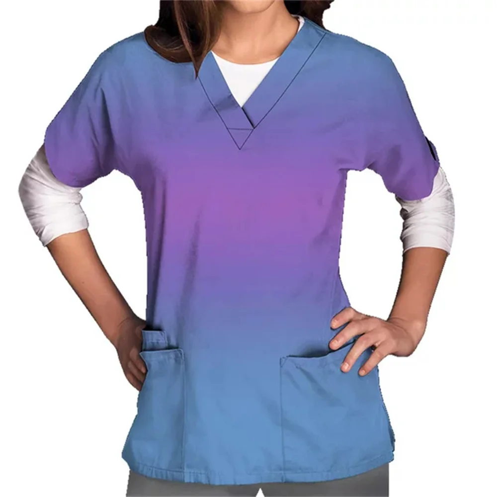 Womens Scrubs Gradient Print Uniforms Carer Work Short Sleeve V Neck Workwear Blouse With Pockets Medical Nursing Carer Uniforms