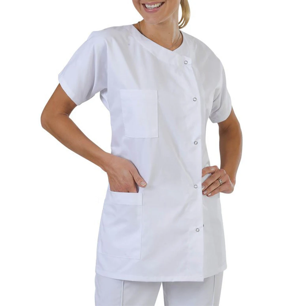 Women Men Medical Dress Hospital Lab Coat Workwear Tops Uniform Collarless Short Sleeve Unisex Nurse Doctor Outfit Costume Coats