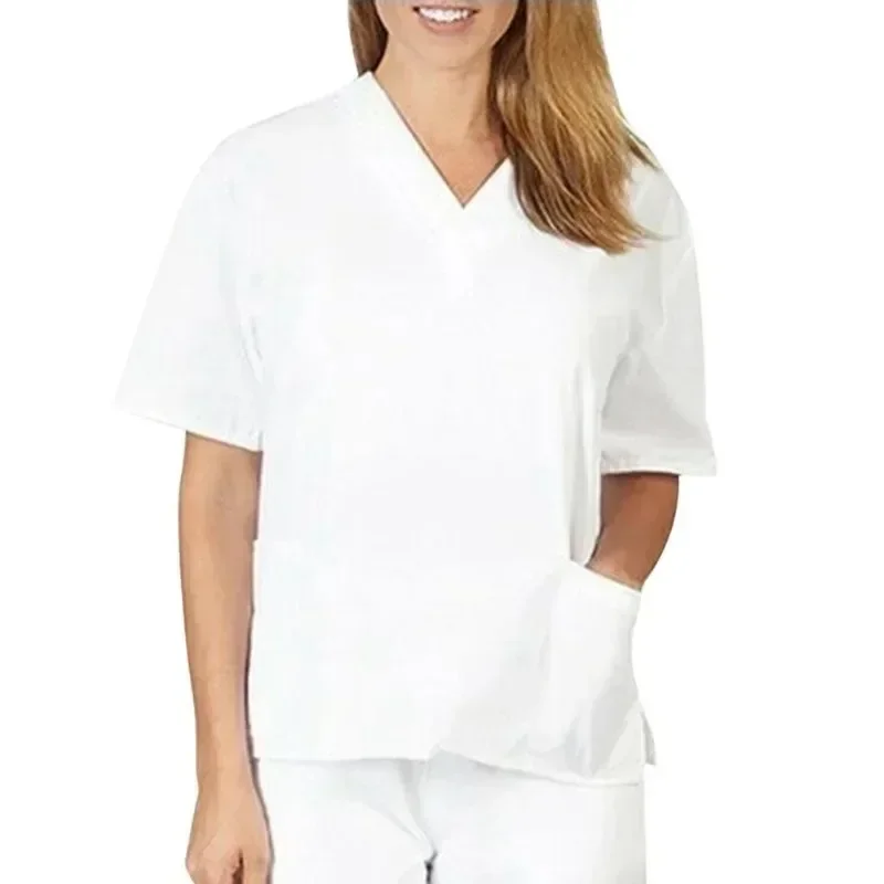 Short Sleeve Solid Nurse Uniform V-Neck Beauty Salon Overalls Clinic Carer Healthcare Tunic Women Patchwork Pocket Scrub Tops